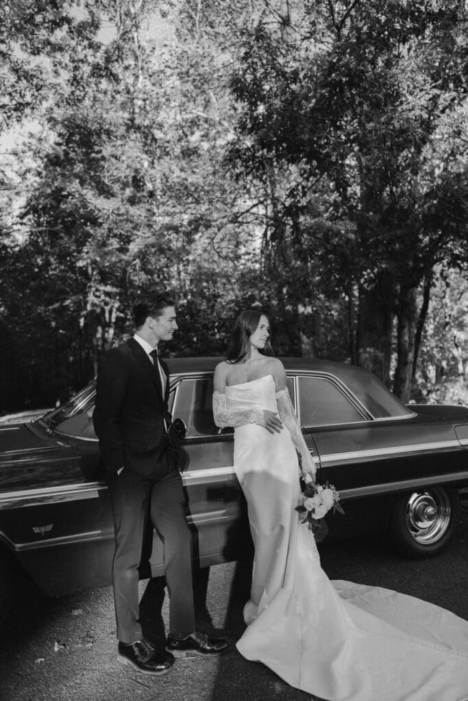 bride and groom with vintage car in asheville nc