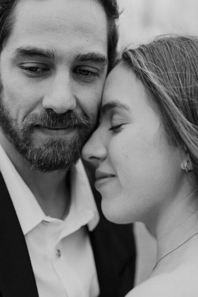 Close up romantic black and white engagement photo