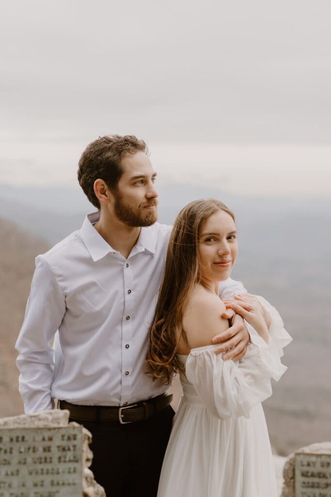 Romantic engagement portraits at Chapel at Pretty Place overlooking the Blue Ridge Mountains