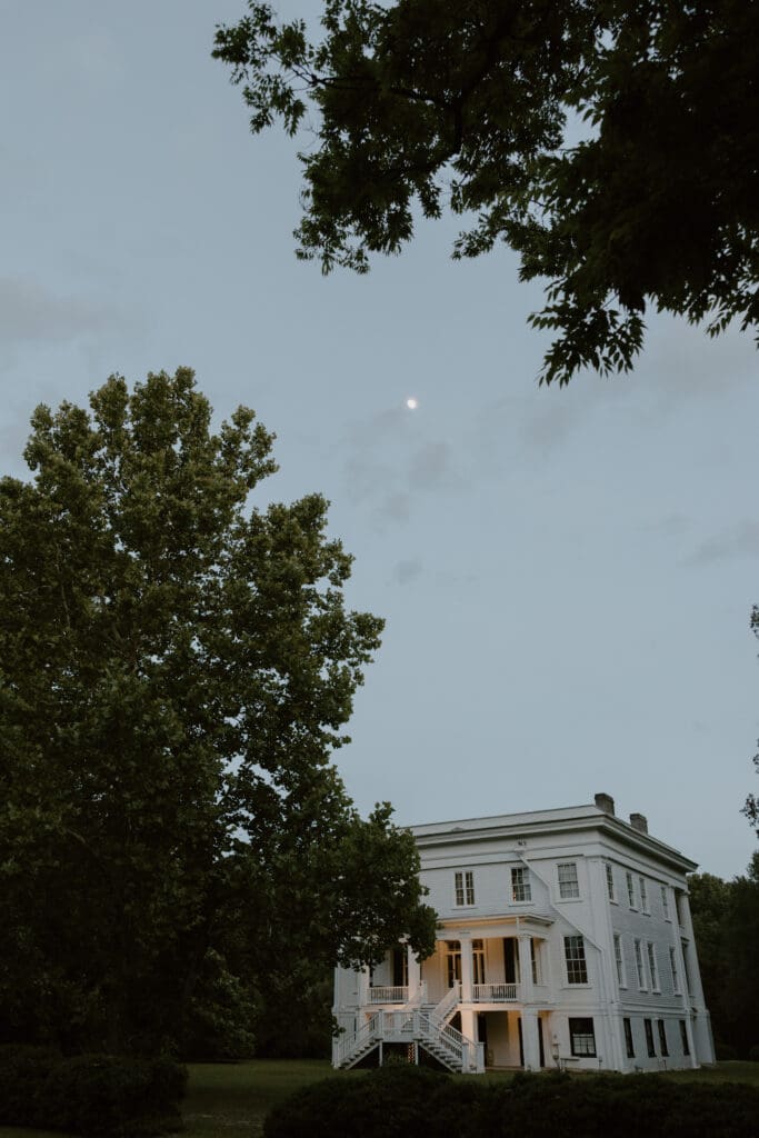Twilight image of historic plantation wedding at Wavering Place outside of Columbia SC