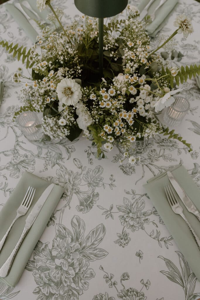 quiet luxury green and white color palette for wedding reception